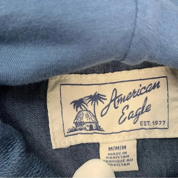 American Eagle Sweater Hood Men  Medium Blue Stripe 100% Cotton Casual Work - Picture 8 of 11